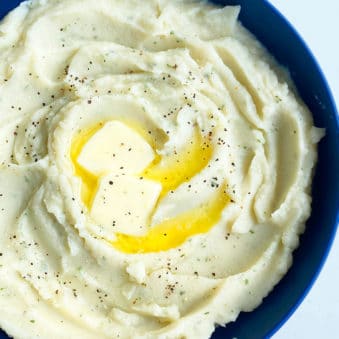 Easy Homemade Mashed Cauliflower in Blue Bowl