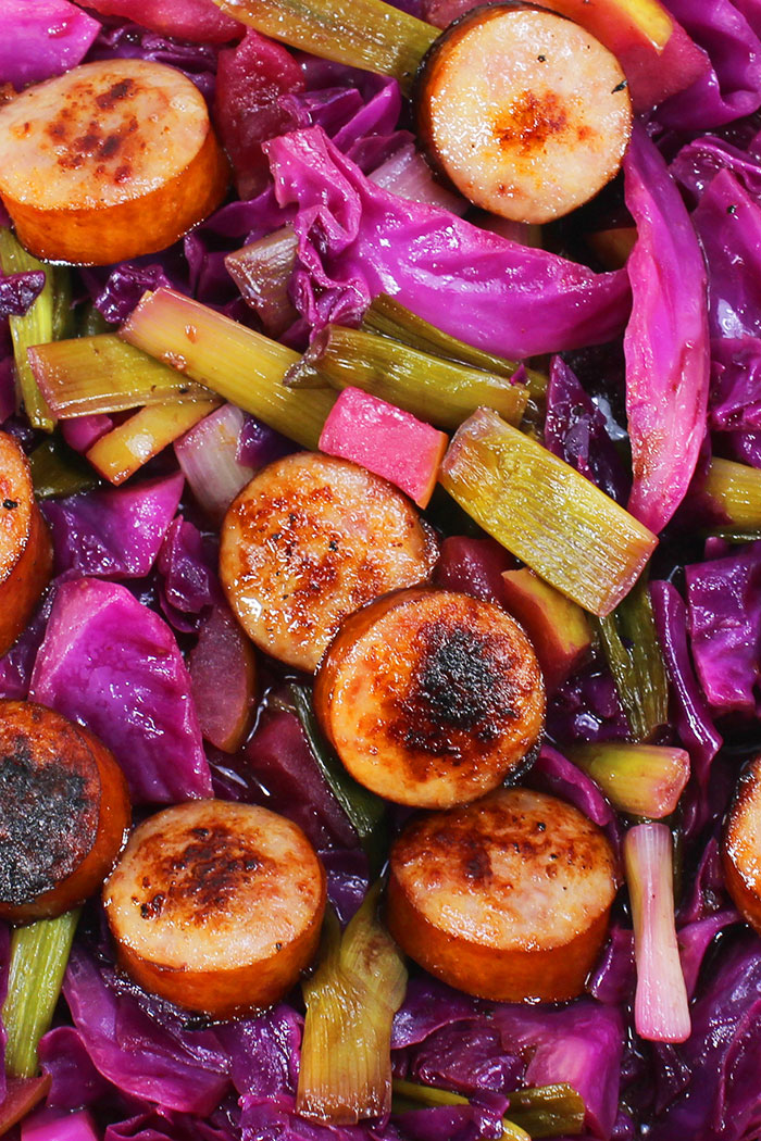 Closeup Shot of Fried Cabbage and Kielbasa Sausage