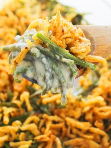 Spoonful of Best Green Bean Casserole with Fried Onions- Closeup Shot