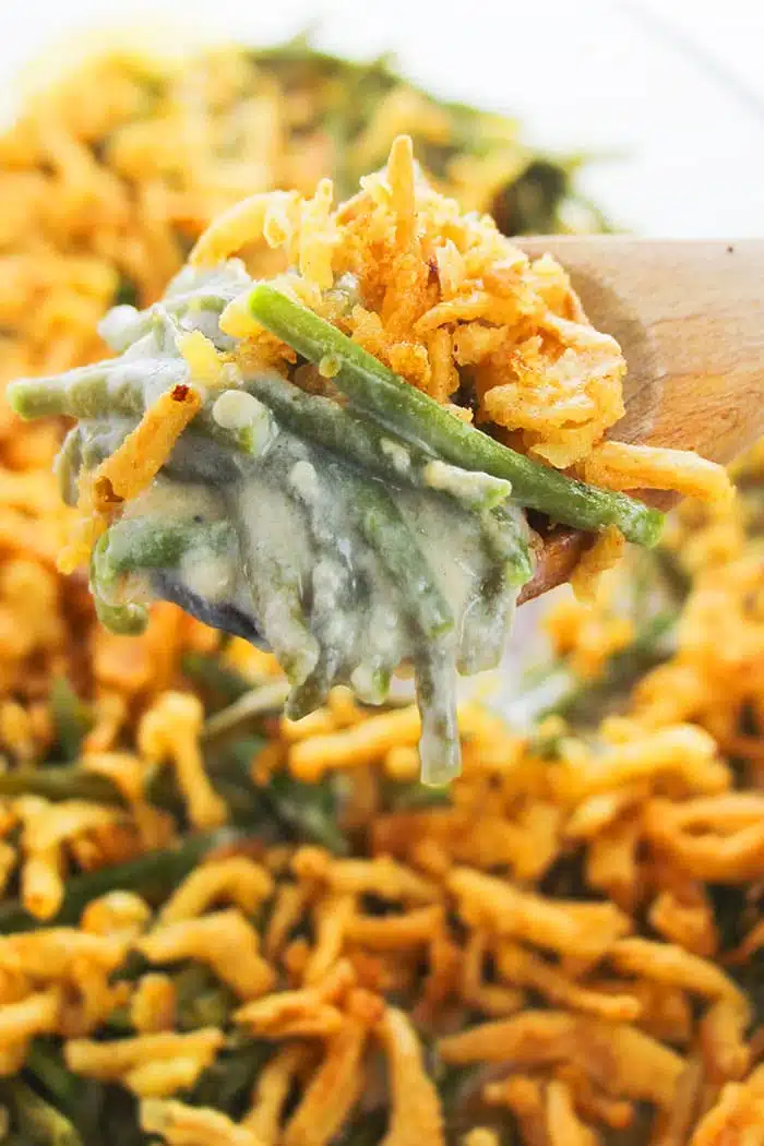 Spoonful of Creamy Green Bean Casserole- Closeup Shot