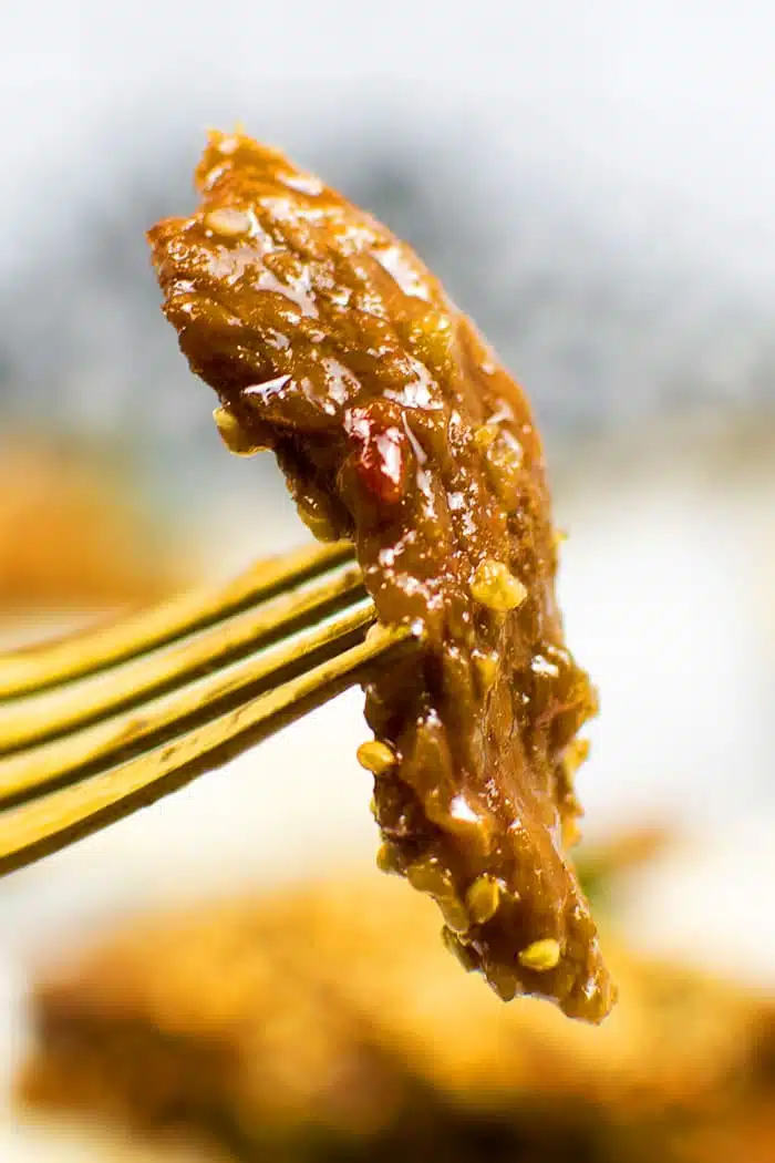 Closeup Shot of Fork with Mongolian Beef