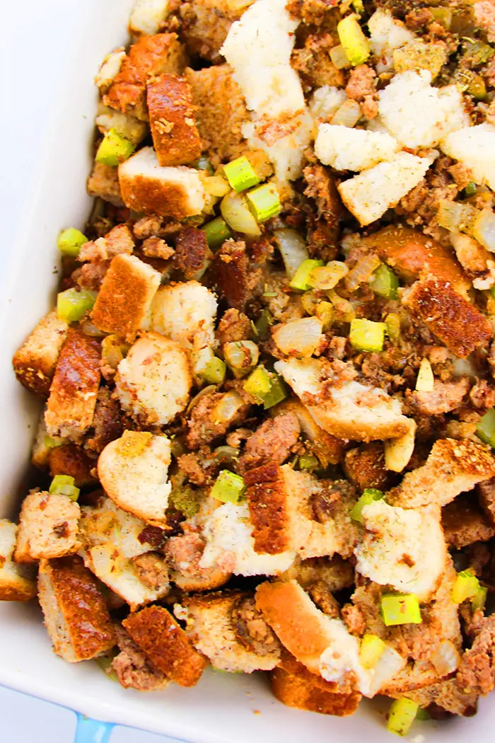 Easy Sausage Stuffing in White Casserole Dish- Overhead Shot