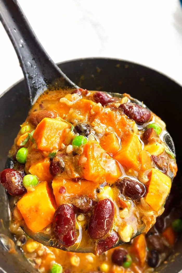 Spoonful of the Best Vegetarian Sweet Potato Chili- Closeup Shot