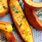 Easy Homemade Roasted Pumpkin Wedges on Silver Baking Tray