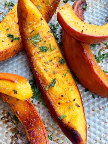 Easy Homemade Roasted Pumpkin Wedges on Silver Baking Tray