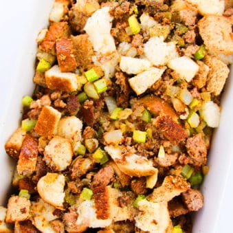 Easy Homemade Sausage Stuffing in White Casserole Dish- Overhead Shot