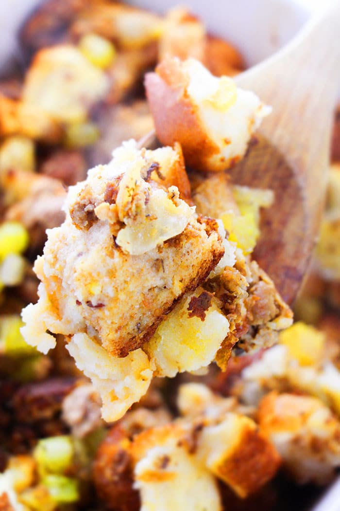 Closeup Shot of Bread Stuffing with Sausage 