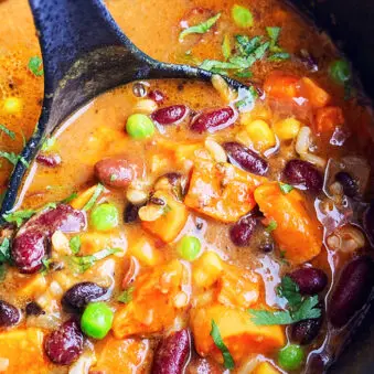 Homemade Sweet Potato Chili in Black Nonstick Pot- Overhead Shot