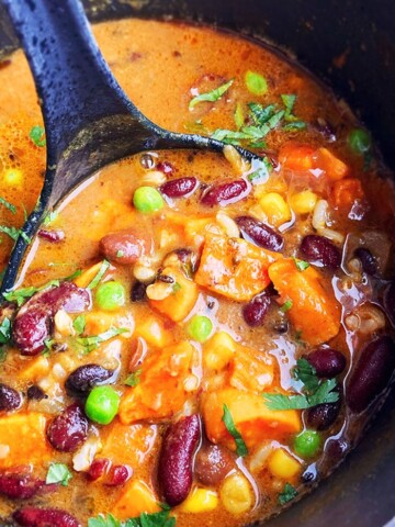 Homemade Sweet Potato Chili in Black Nonstick Pot- Overhead Shot