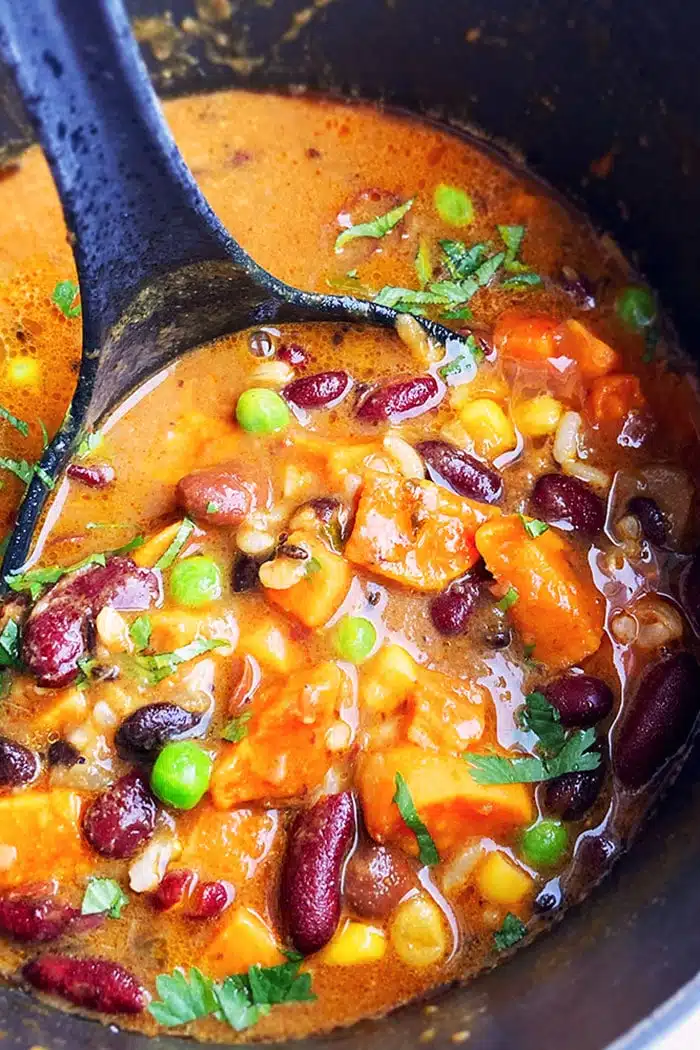 Easy Homemade Sweet Potato Chili in Black Nonstick Pot- Overhead Shot