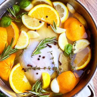 Easy Turkey Brine in Silver Pot on White Background