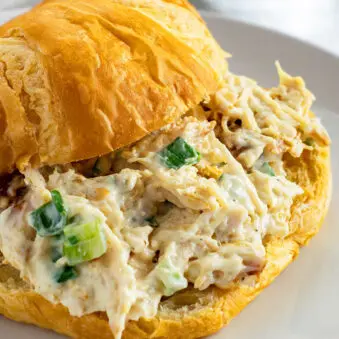 Easy Homemade Leftover Turkey Salad Sandwich on White Plate