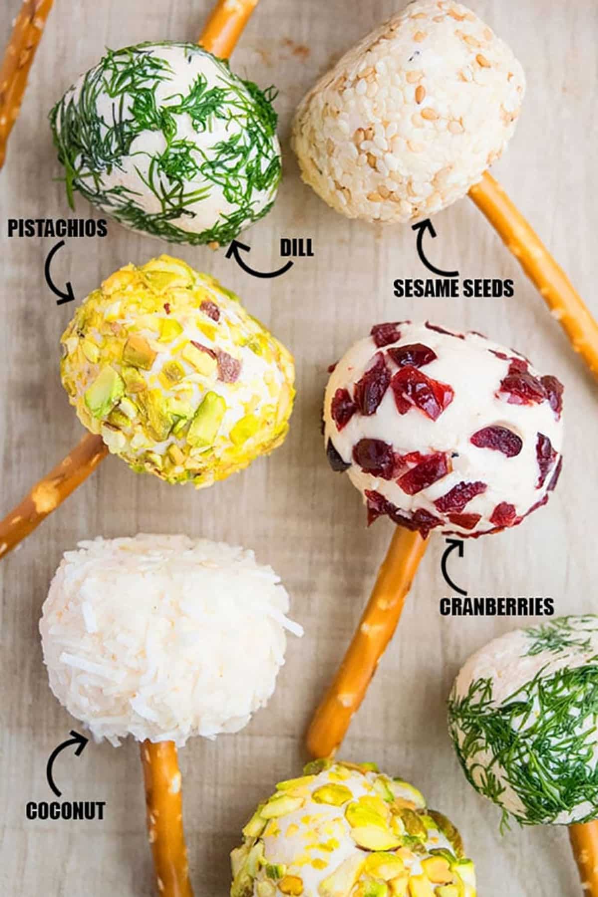 Labeled image of savory appetizer bites with various toppings.
