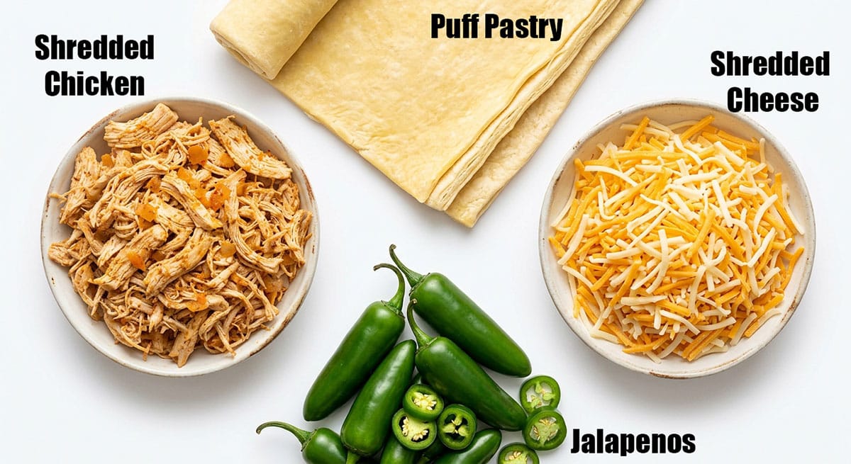 Ingredients for recipe on white background- Shredded chicken, pastry dough, cheese, jalapenos. 