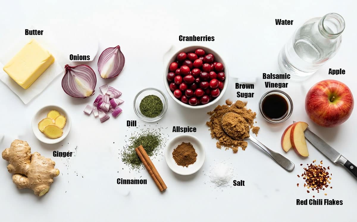 Ingredients for recipe on white background- cranberries, herbs, spices, water, vinegar, apple, onion, butter, brown sugar.