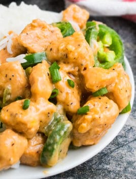 Chinese Jalapeno Chicken in White Plate on Gray Background
