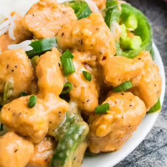 Chinese Jalapeno Chicken in White Plate on Gray Background