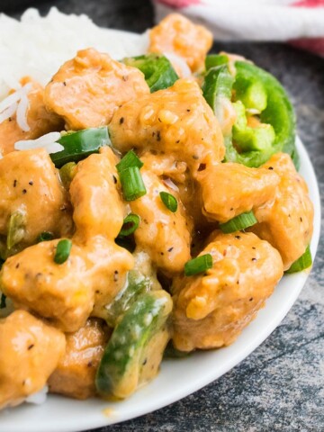 Chinese Jalapeno Chicken in White Plate on Gray Background