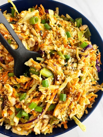 Easy Homemade Thai Chicken Salad in Blue Bowl on White Background- Overhead Shot