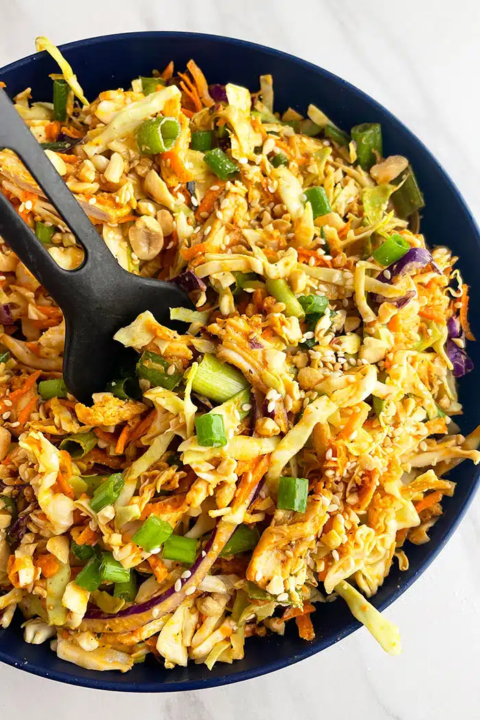 Easy Homemade Thai Chicken Salad in Blue Bowl on White Background- Overhead Shot