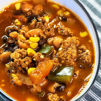 Homemade Instant Pot Taco Soup Served in White Bowl