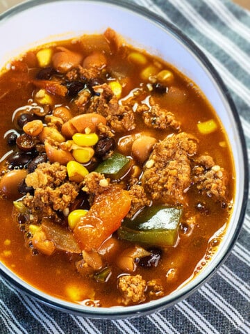 Homemade Instant Pot Taco Soup Served in White Bowl