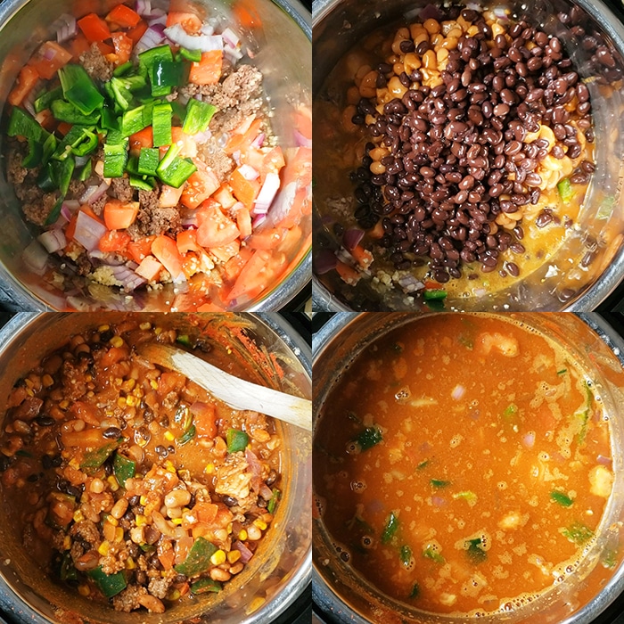 Collage Image of Step by Step Process Shots For Making Beef Taco Soup