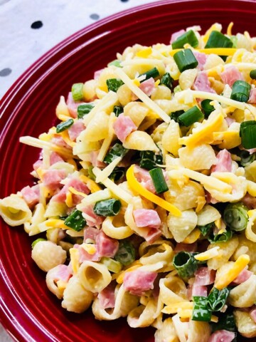 Easy Creamy Ham Pasta Salad with Mayo Dressing in Red Plate