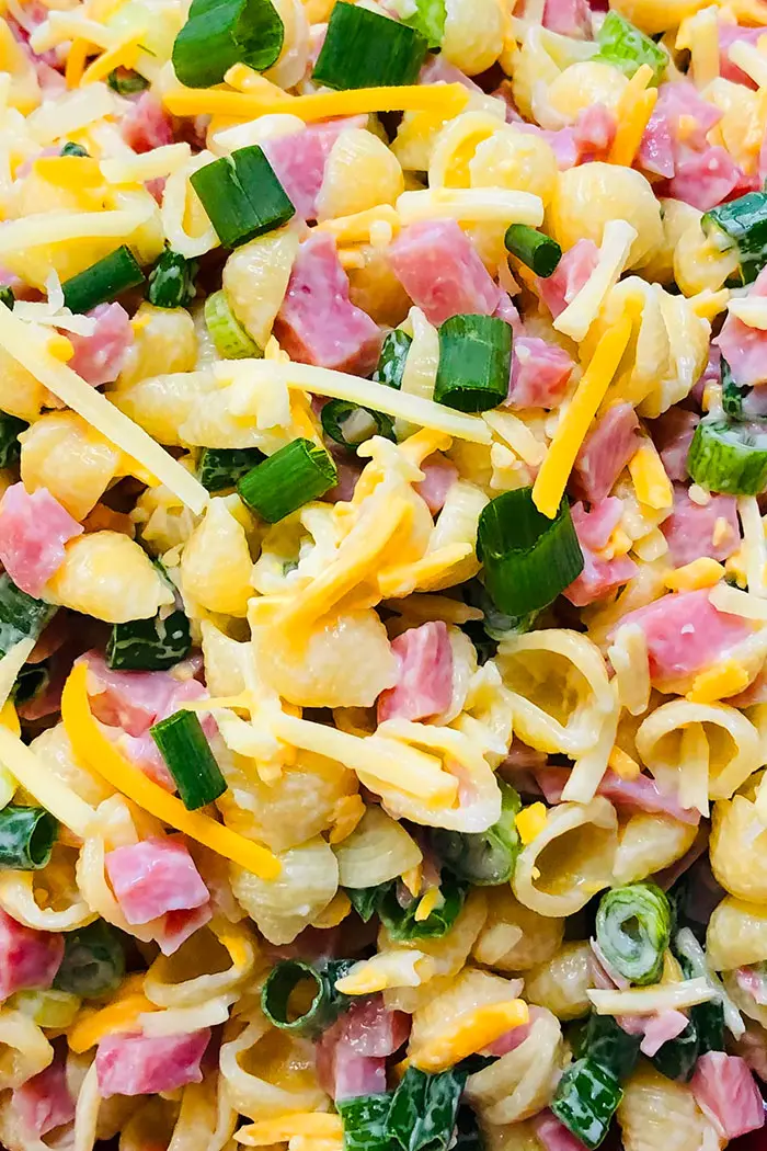 Closeup Shot of Ham and Cheese Pasta Salad