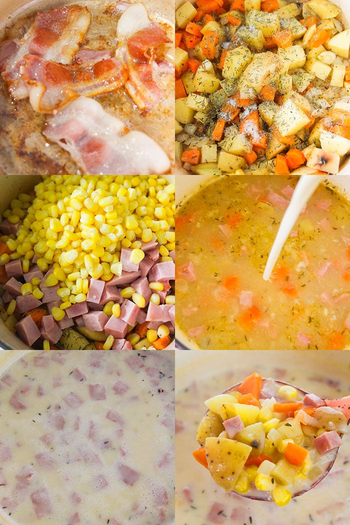 Collage Image With Process Shots for How to Make Potato Corn Chowder