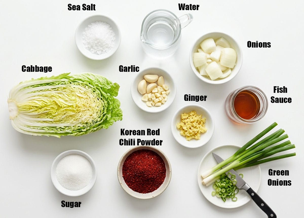 Ingredients for recipe on white background- onion, green onions, Korean red chili powder, sugar, salt, cabbage, garlic, ginger. 
