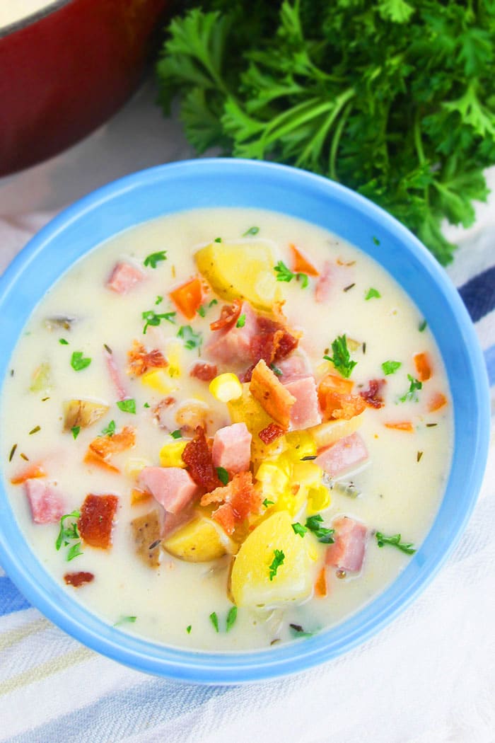 Overhead Shot of Easy Ham and Corn Chowder in Blue Bowl