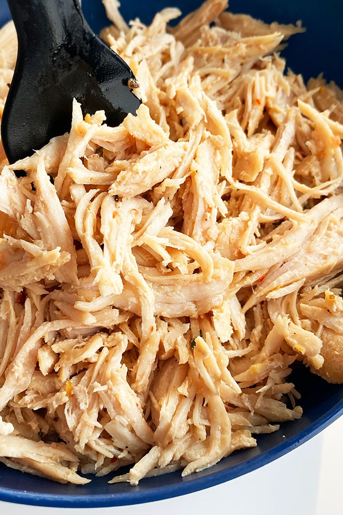 Best Juicy Easy Instant Pot Shredded Chicken Served in Blue Bowl 