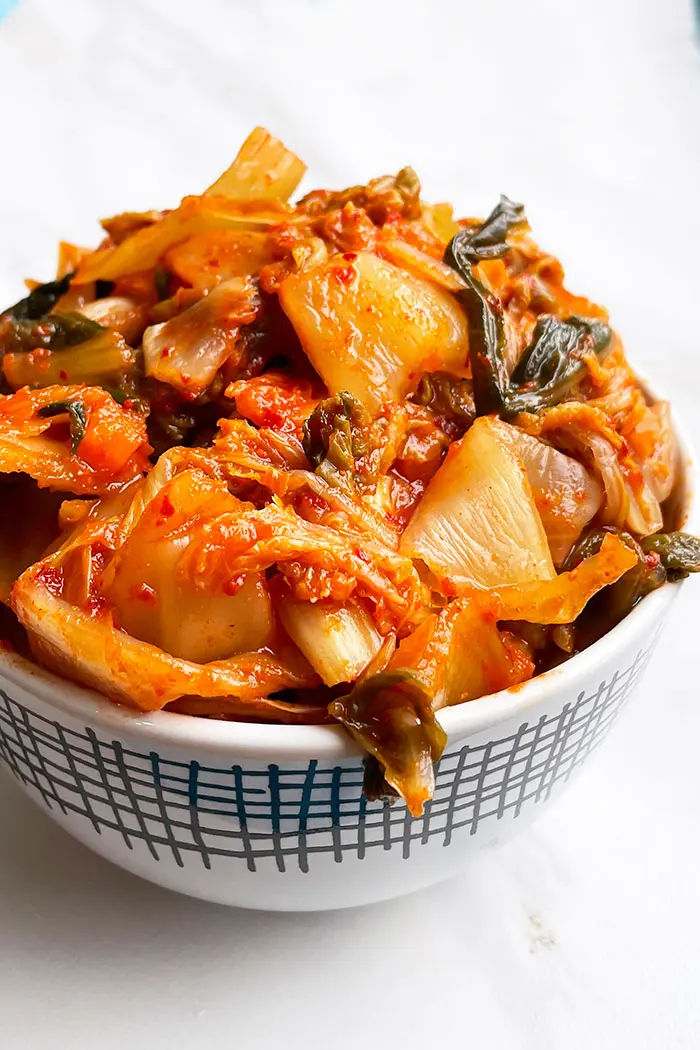 Easy Homemade Kimchi in White Bowl on White Background