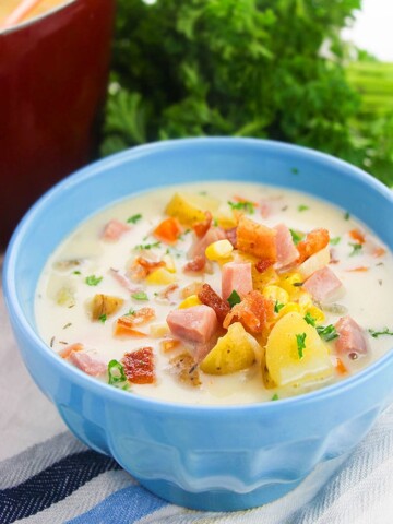 Easy Homemade Instant Pot Corn Chowder with Ham, Bacon and Potatoes, Served in Blue Bowl