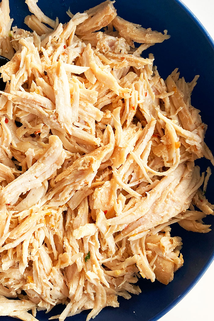 Instant Pot Pulled Chicken Breast In Blue Bowl