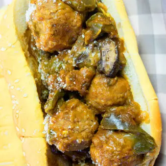 Easy Homemade Meatball Sub Sandwich Made in Instant Pot and Served on Gray Checkered Plate