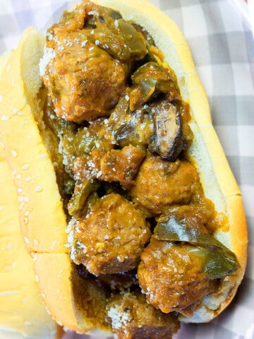 Easy Homemade Meatball Sub Sandwich Made in Instant Pot and Served on Gray Checkered Plate