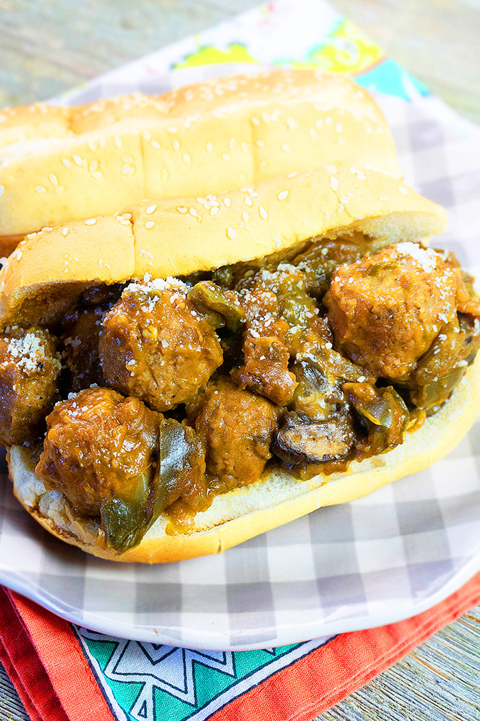 Easy Meatball Sandwich on Gray Checkered Plate