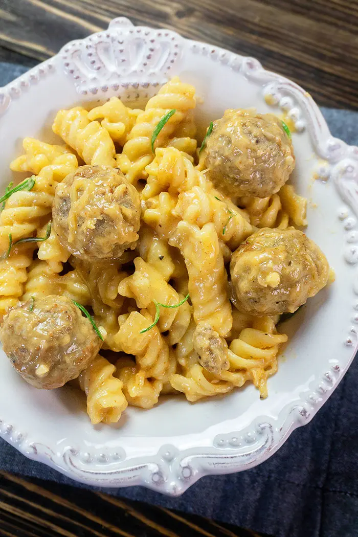 Creamy Instant Pot Meatball Pasta in White Bowl- Overhead Shot