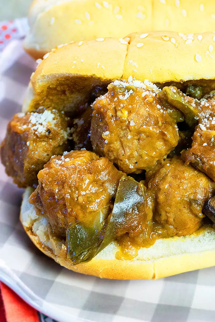 Closeup Shot of Easy Philly Cheesesteak Meatballs in Hoagie Roll