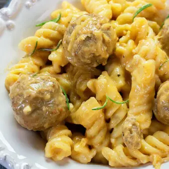 Easy Homemade Instant Pot Swedish Meatball Pasta Served in White Bowl