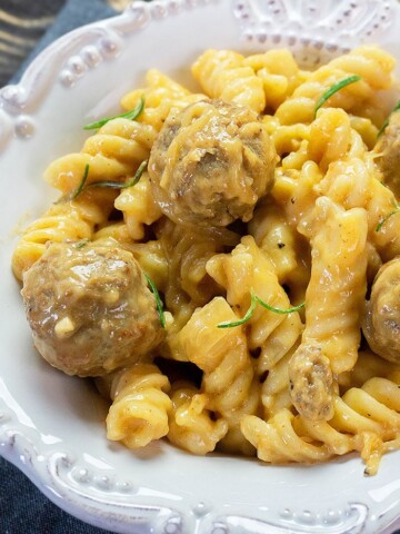 Easy Homemade Instant Pot Swedish Meatball Pasta Served in White Bowl