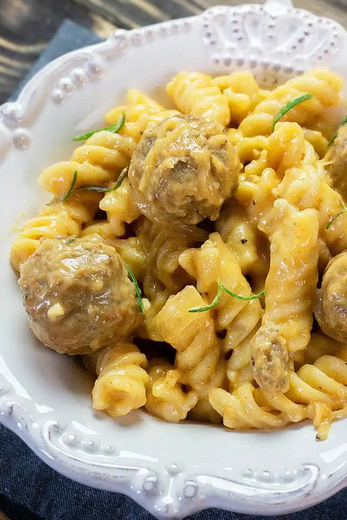 Easy Homemade Swedish Meatball Pasta Served in White Bowl