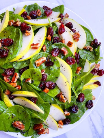 Easy Homemade Pear Salad in White Plate- Overhead Shot