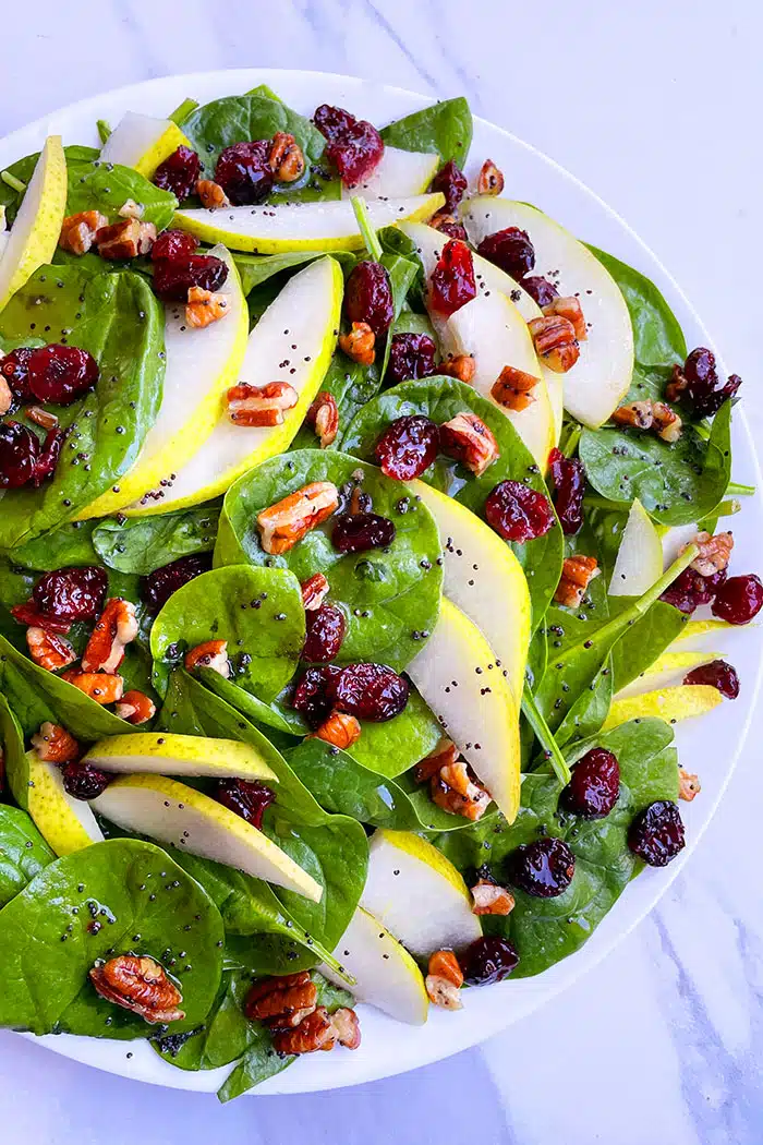 Easy Homemade Pear Salad in White Plate- Overhead Shot