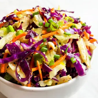 Easy Asian Slaw in White Bowl on White Background