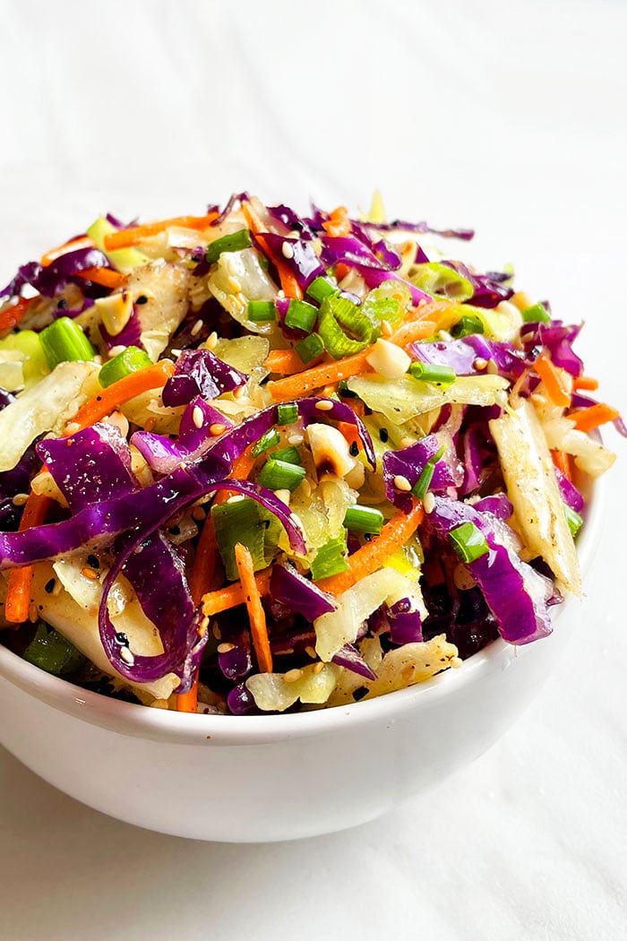 Easy Asian Slaw in White Bowl on White Background