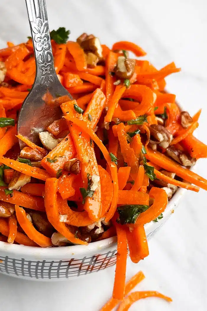 Easy Homemade Carrot Slaw in White Bowl