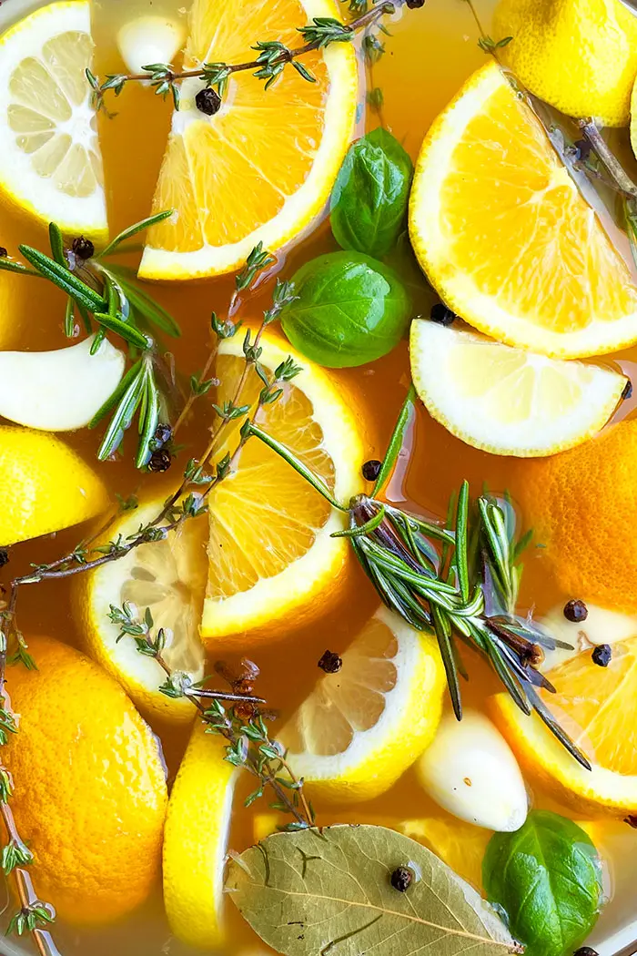 Closeup Shot of Fresh Herbs and Spices in Simple Brine Solution